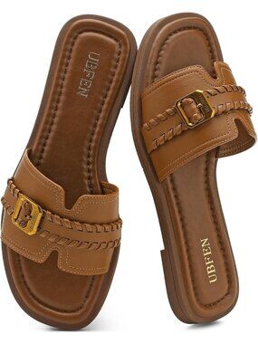 Women's Brown Square Toe Flat Sandals Slides Dressy Comfortable for Casual